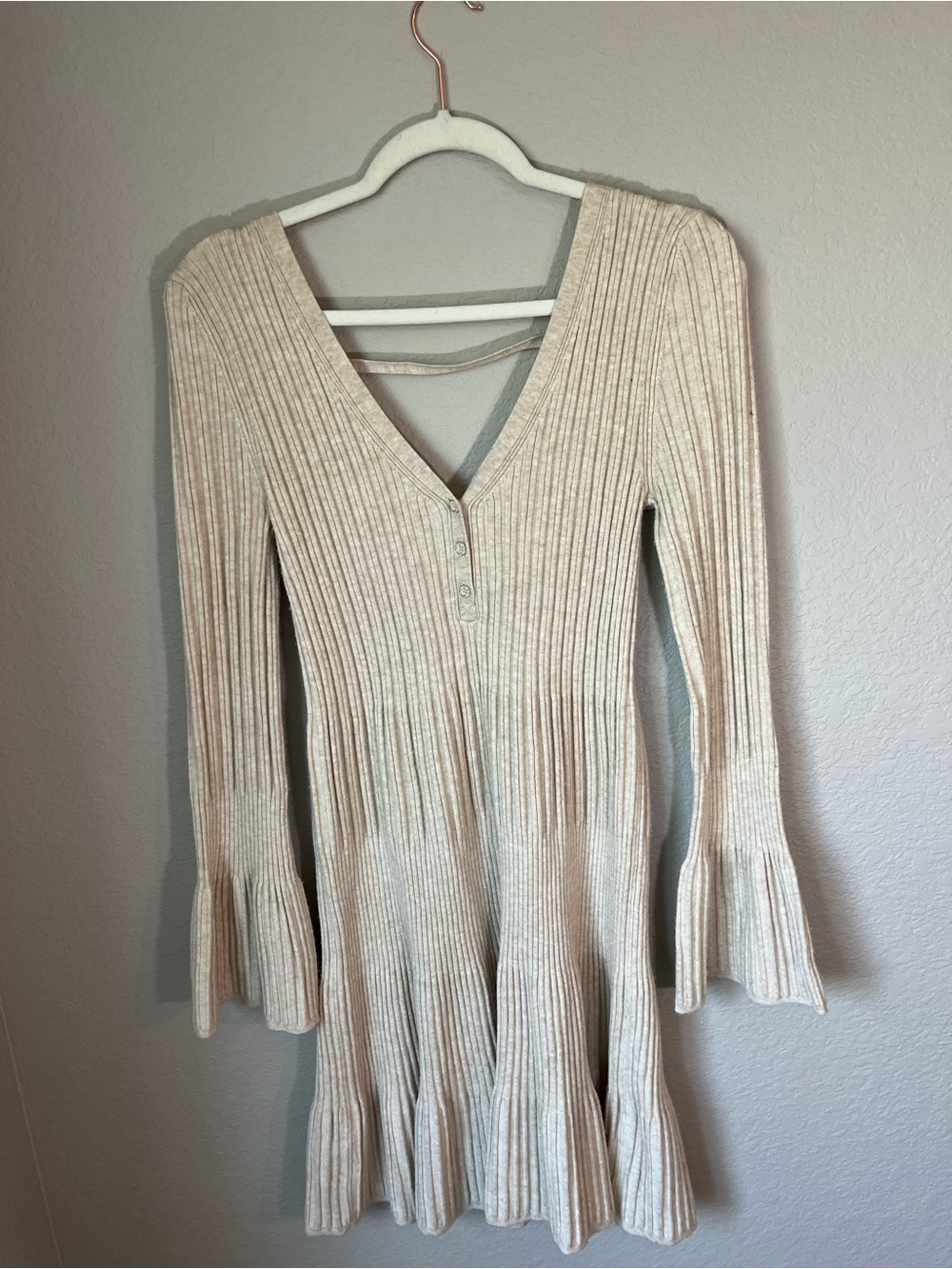 Daily Practice Ribbed Knit Peplum Sweater XL Beige Henley Bell Sleeve Boho Top